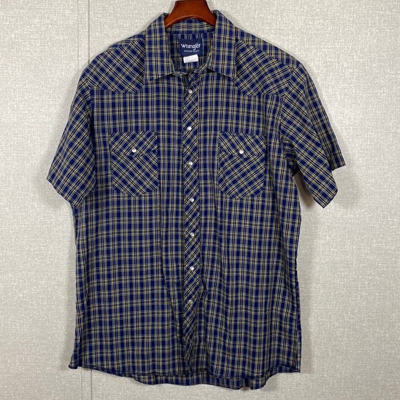 Wrangler Other - Wrangler Western Wear Pearl Snap Blue and Yellow Checkered Short Sleeve Shirt